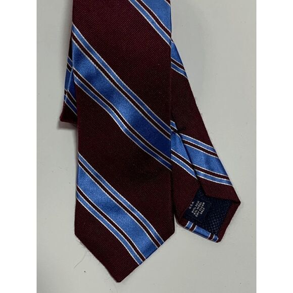 Cremieux Men's Burgundy Red Blue Striped One Size Handmade Silk Blend Necktie - Picture 1 of 5